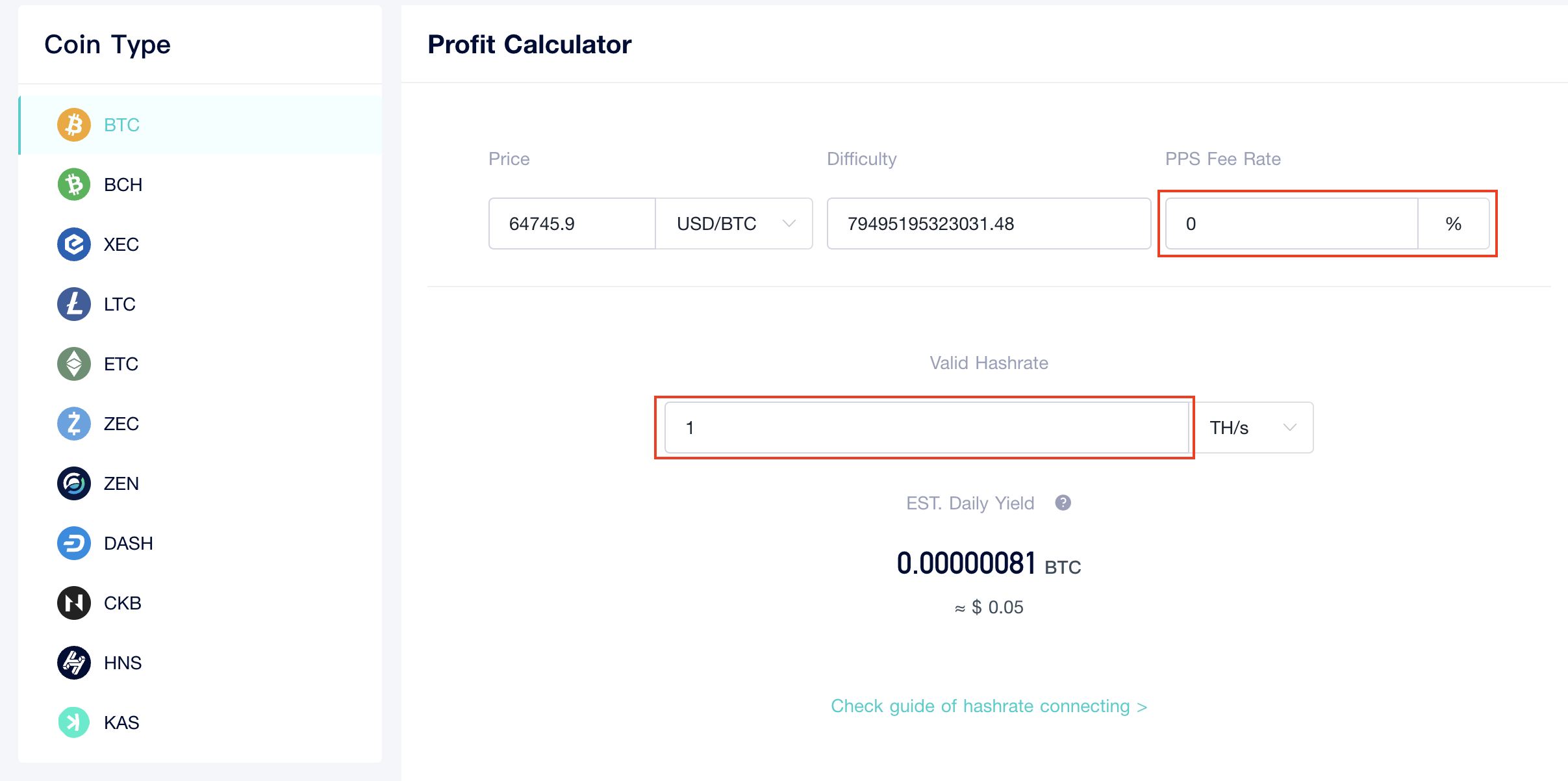 ViaBTC Web Profit Calculator Page