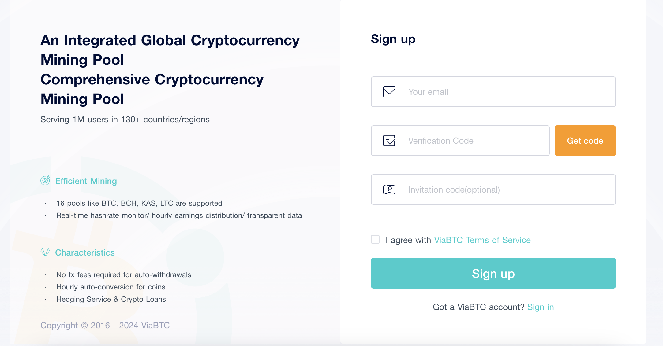 registration and login on ViaBTC