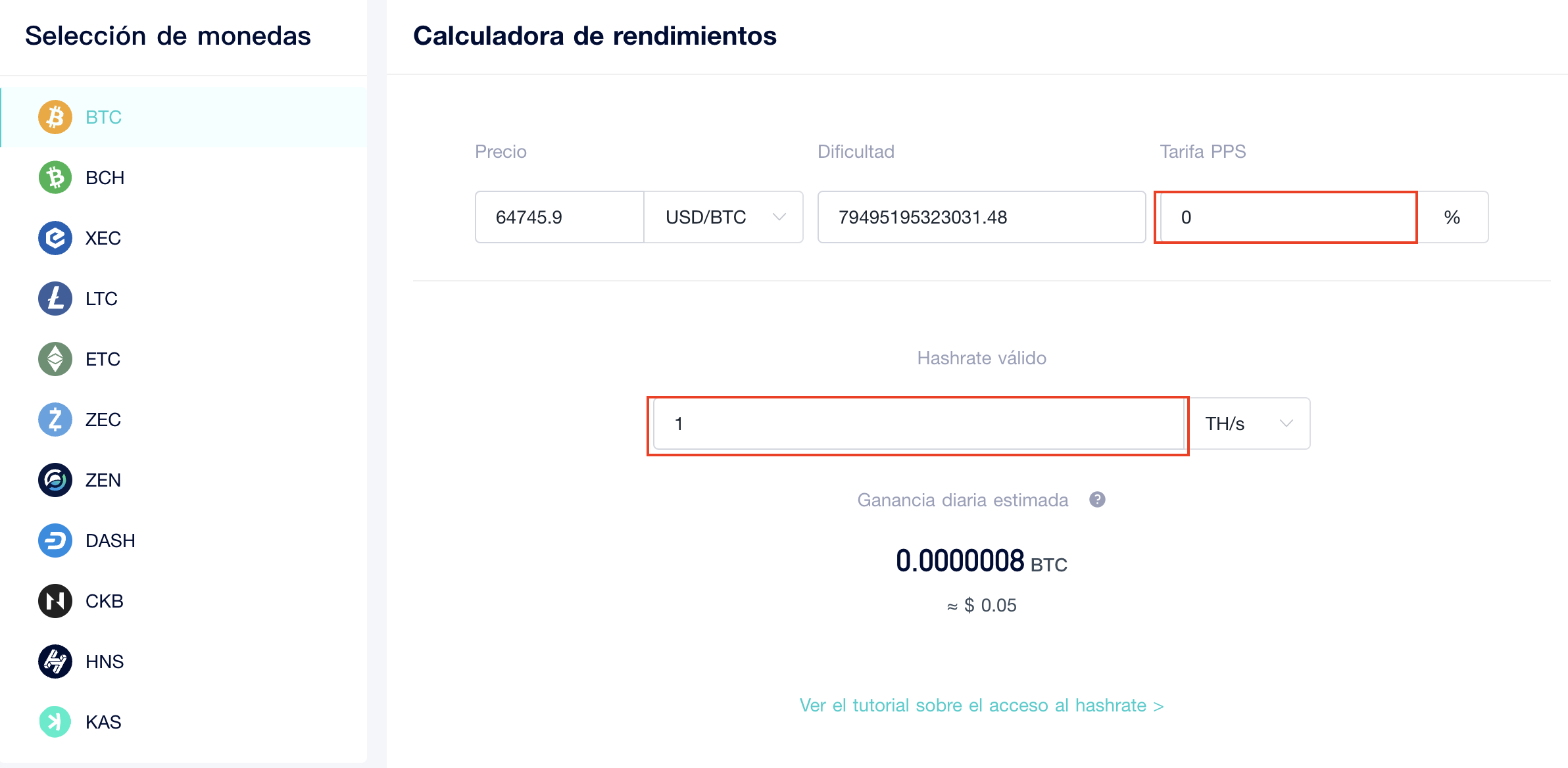 imagen calculadora de rendimientos Viabtc