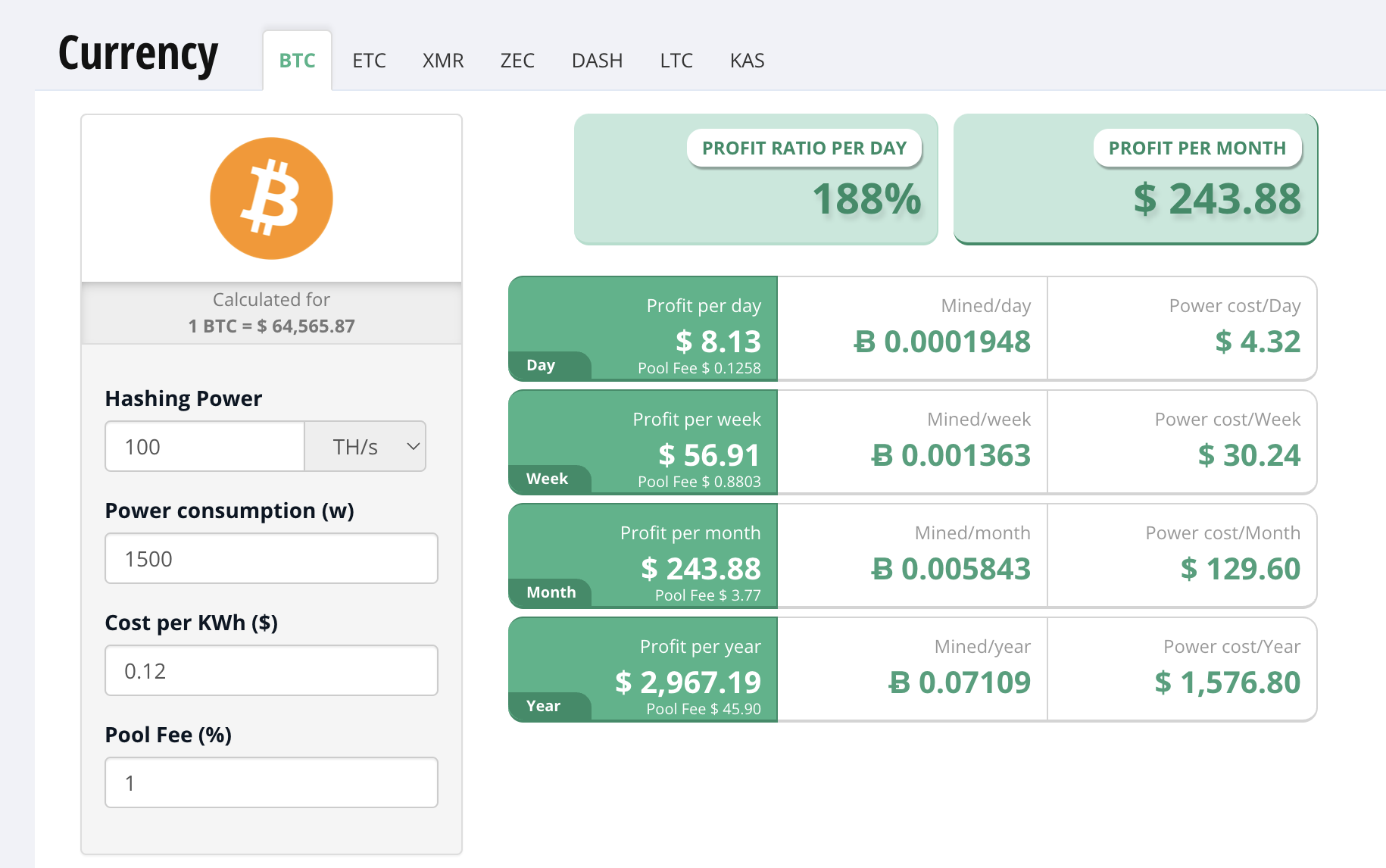 CryptoCompare Mining Profit Calculator Page