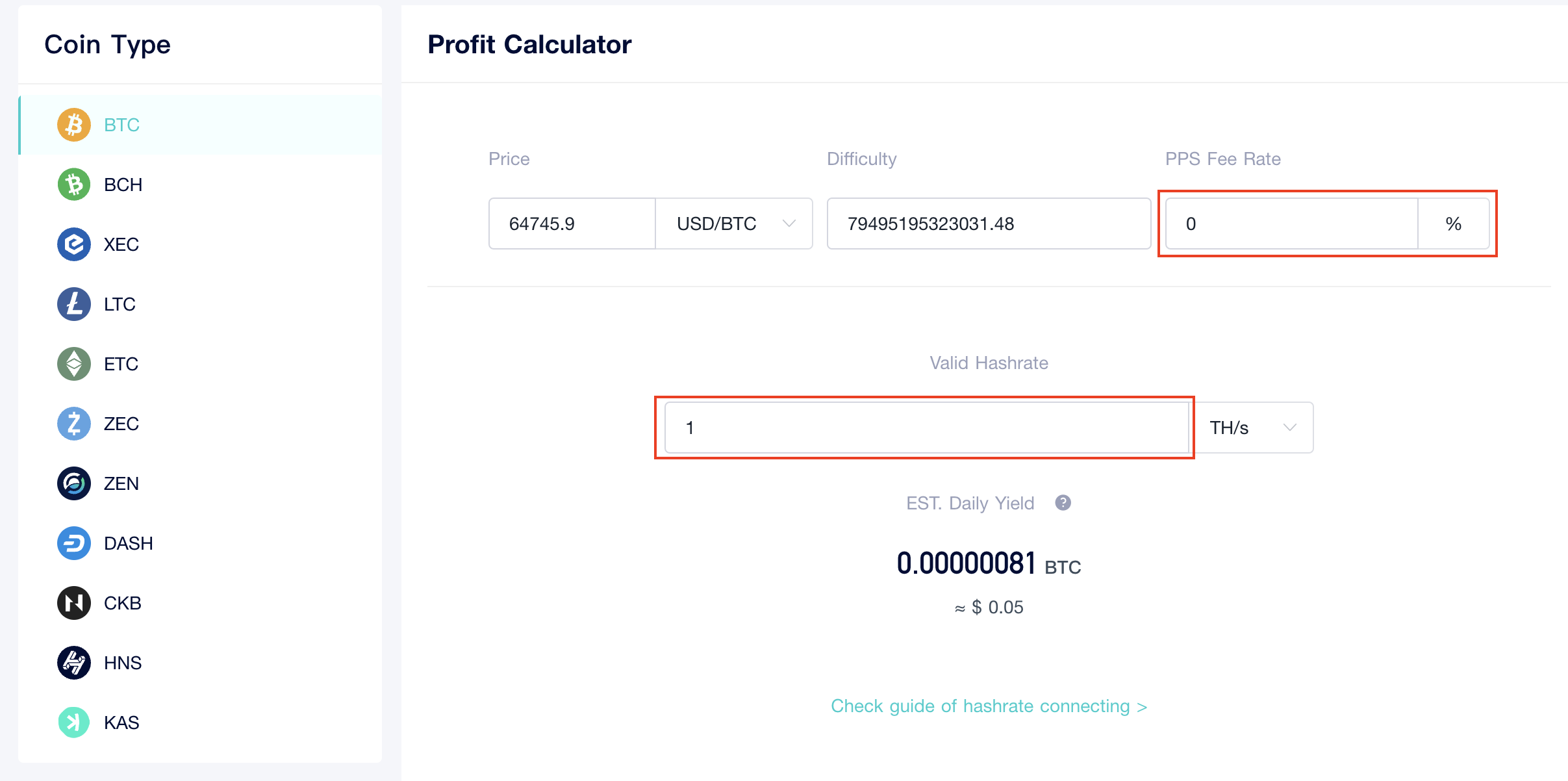 ViaBTC的Web端收益計算器頁面