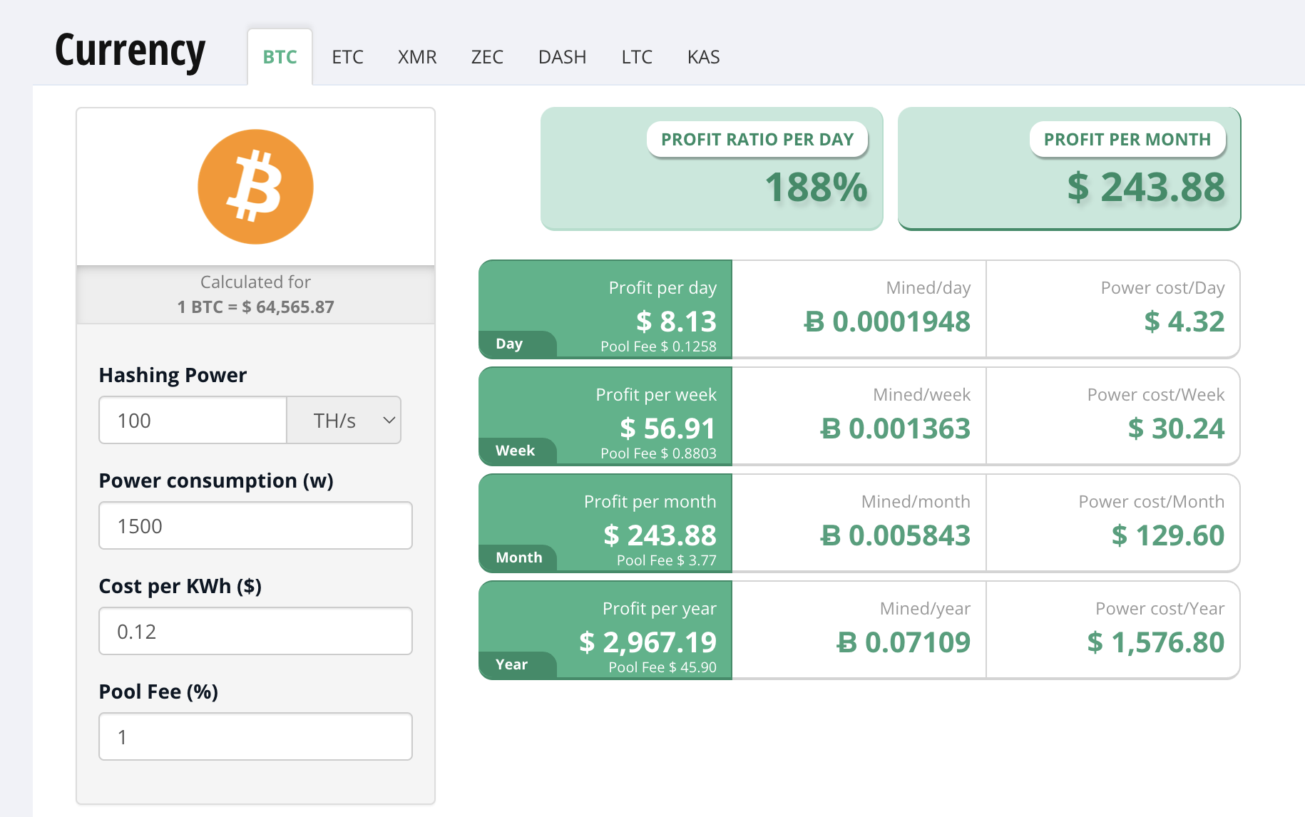 CryptoCompare的挖礦收益計算器頁面